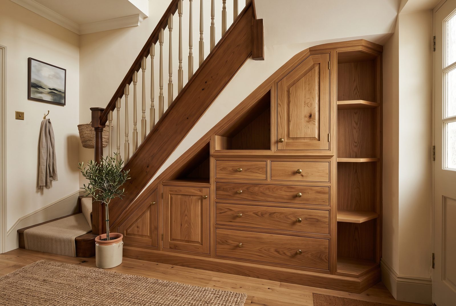 Bespoke under-stairs storage with custom oak drawers and cupboards, Drogheda, Co. Louth