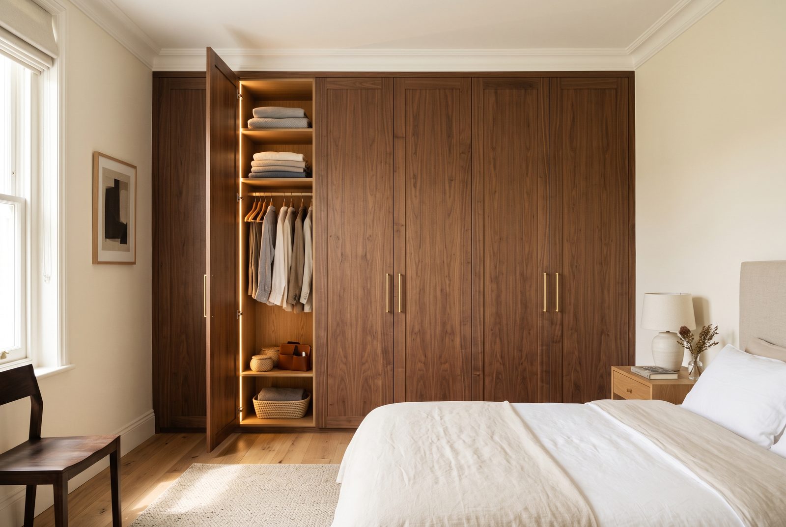 Floor-to-ceiling bespoke fitted wardrobes in walnut with illuminated oak interior, Drogheda, Co. Louth