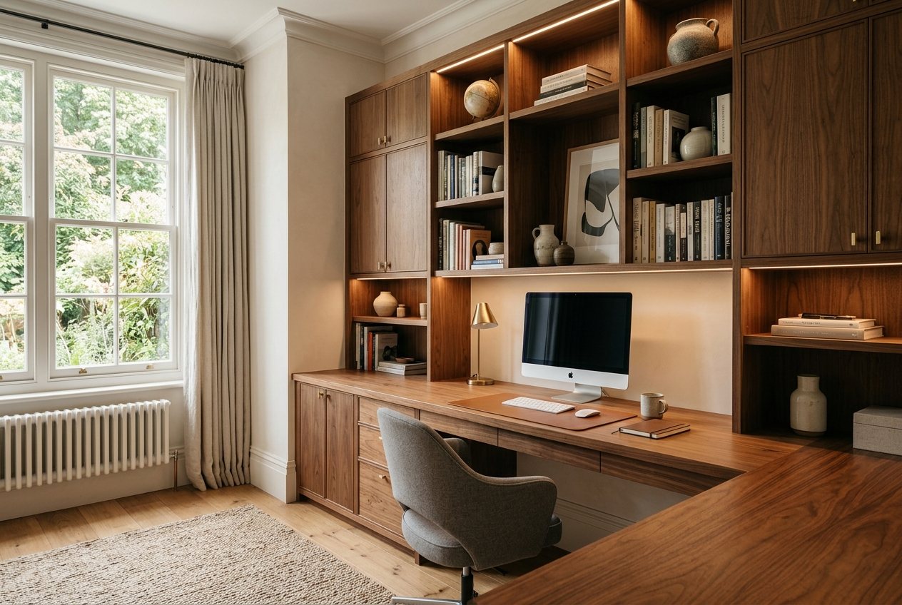 Bespoke home office with fitted walnut desk and shelving, MS Carpentry, Drogheda