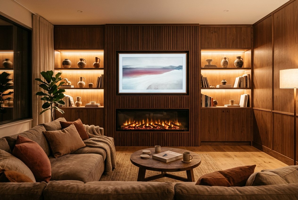 Bespoke walnut media wall with linear electric fireplace and LED-lit shelving, MS Carpentry, Drogheda