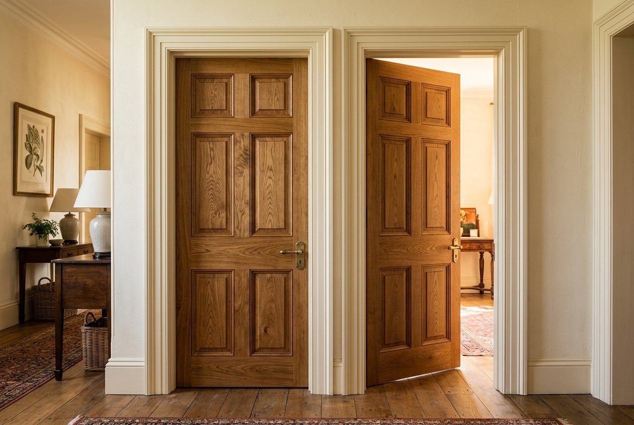 Solid oak internal doors with brass handles hung by MS Carpentry in a Drogheda home