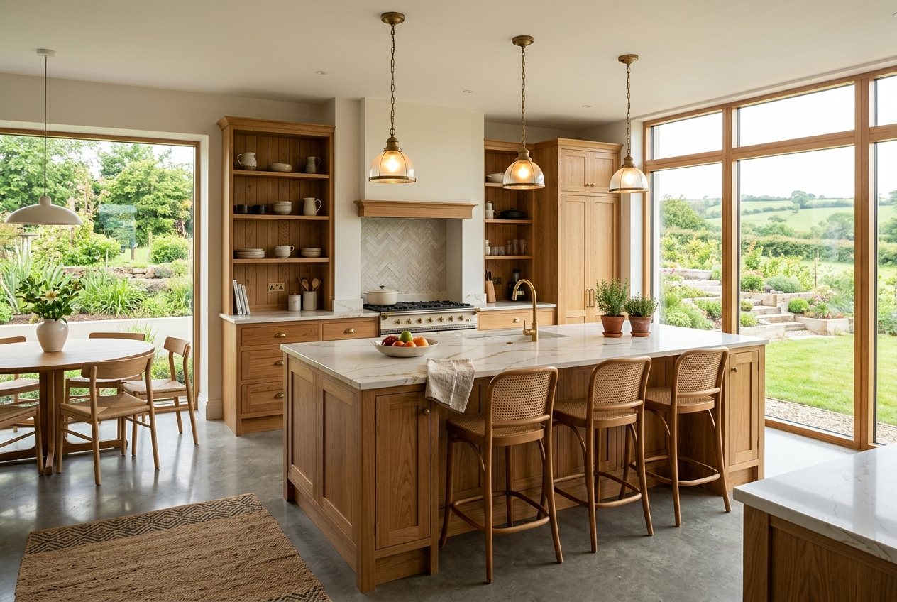 Bespoke kitchen-diner with handcrafted oak cabinetry and stone island, installed by MS Carpentry in Drogheda, Co. Louth