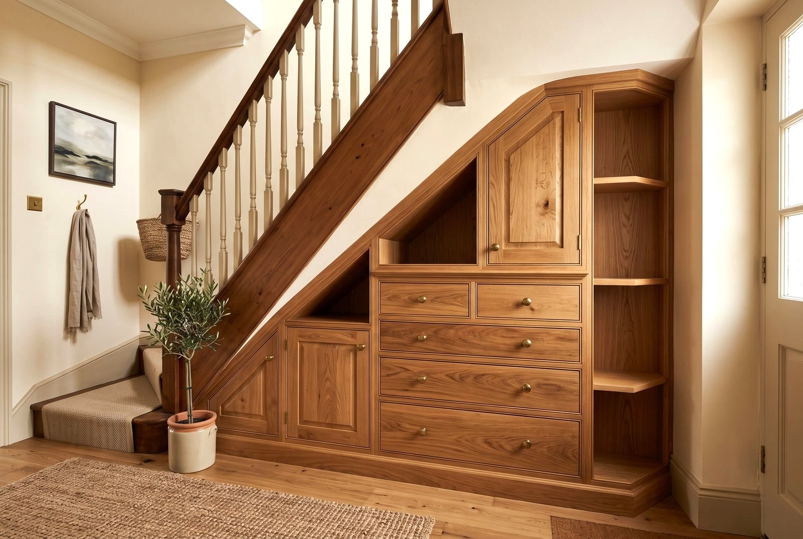 Bespoke under-stairs storage with custom oak drawers and cupboards, Drogheda, Co. Louth